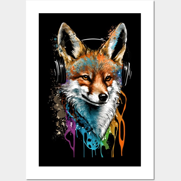 Fox Wearing Headphones Painting Wall Art by ArtisticCorner